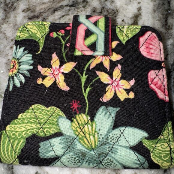 Black Green Pink Flowers VERA BRADLEY Wallet ‎ Zip Around Coin Pocket & Snap Tab - Picture 3 of 6